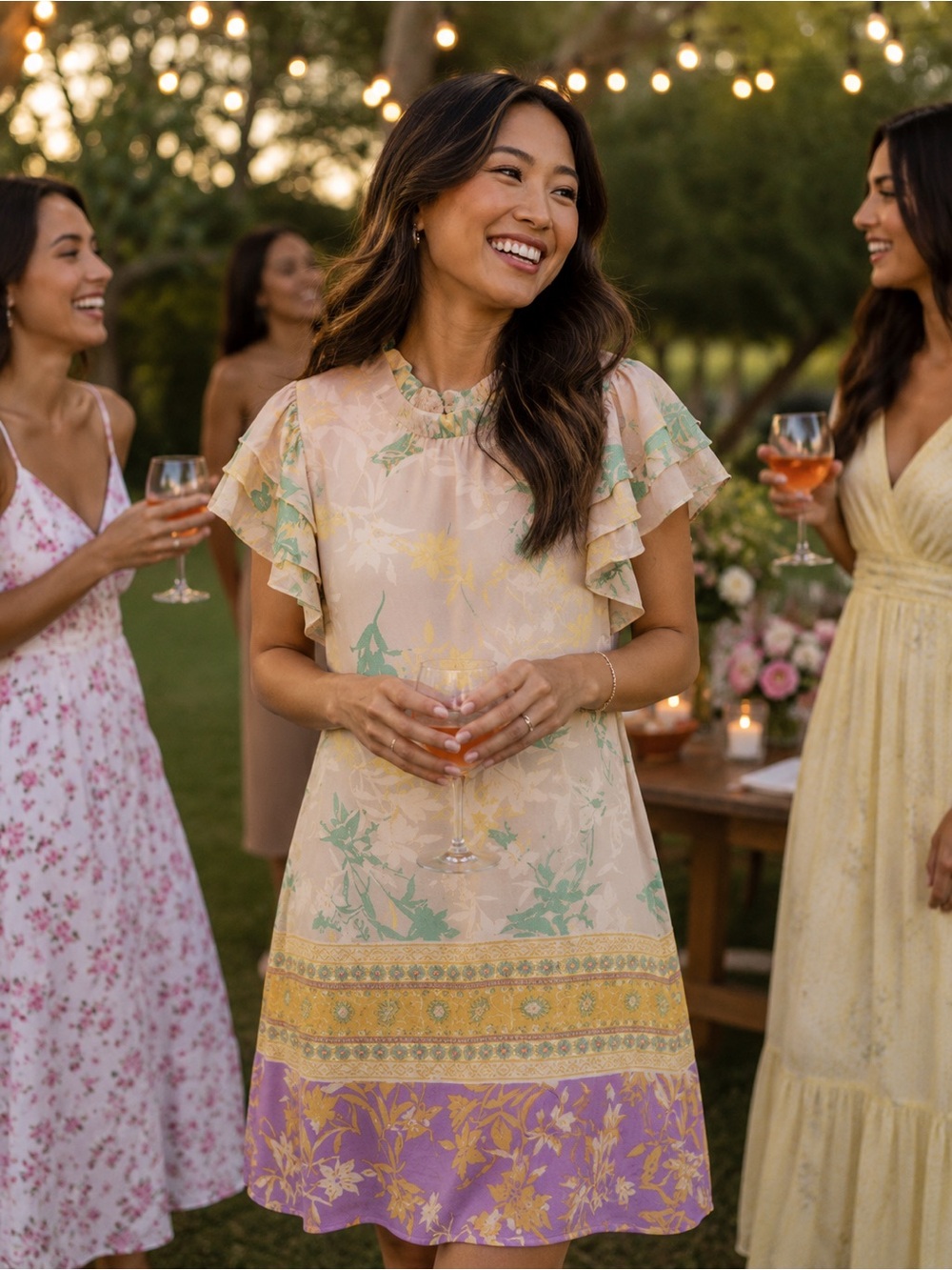 Floral Border Print Ruffle-Sleeve Shift Dress in Pastel Yellow & Lavender
